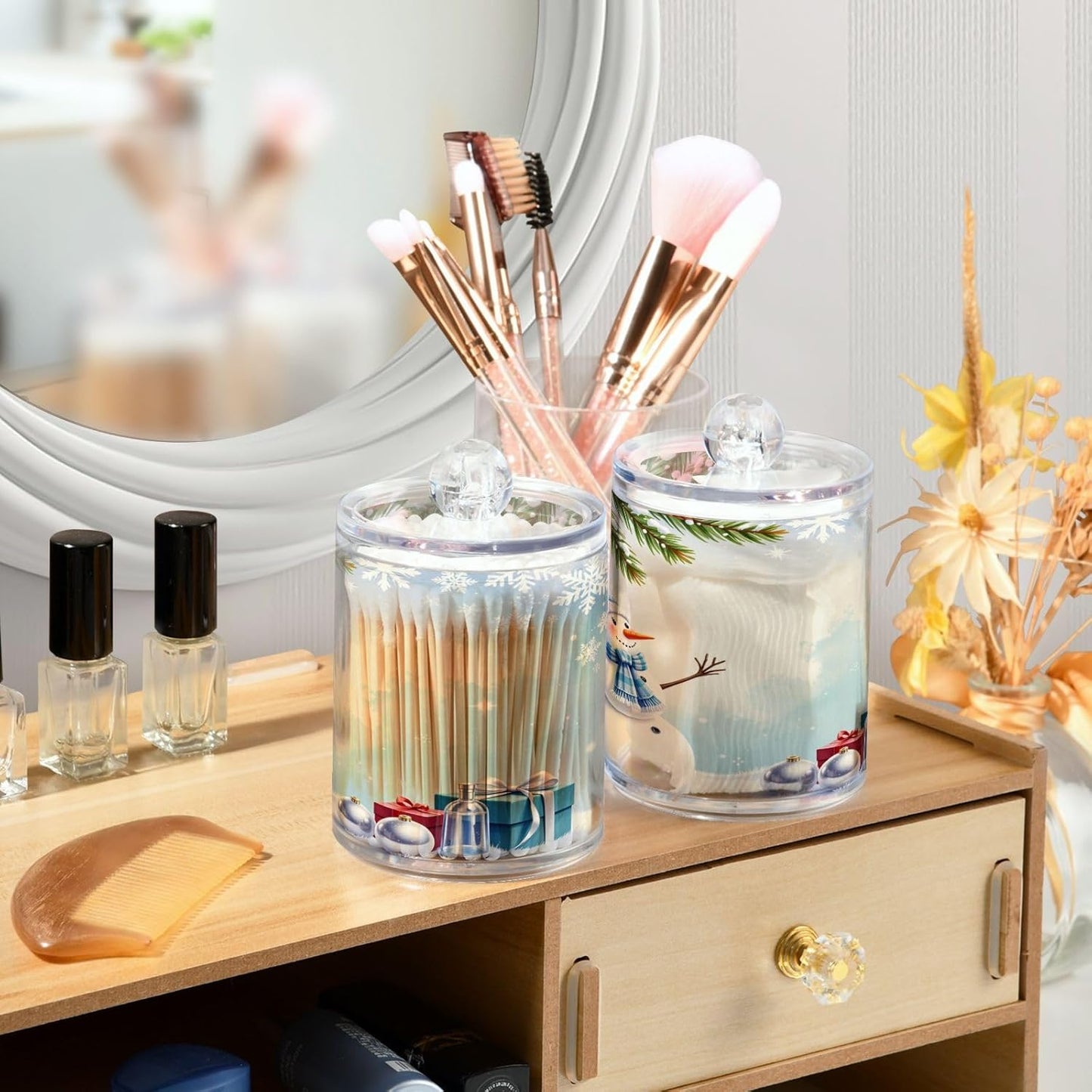 Gredecor Christmas Winter Qtip Holder Dispenser 2 Pack Snowman Snowflake Pine Cones Gifts Bathroom Decorative Storage Canister Holder Counter Vanity Organizer for Cotton Ball Swabs Pads Floss