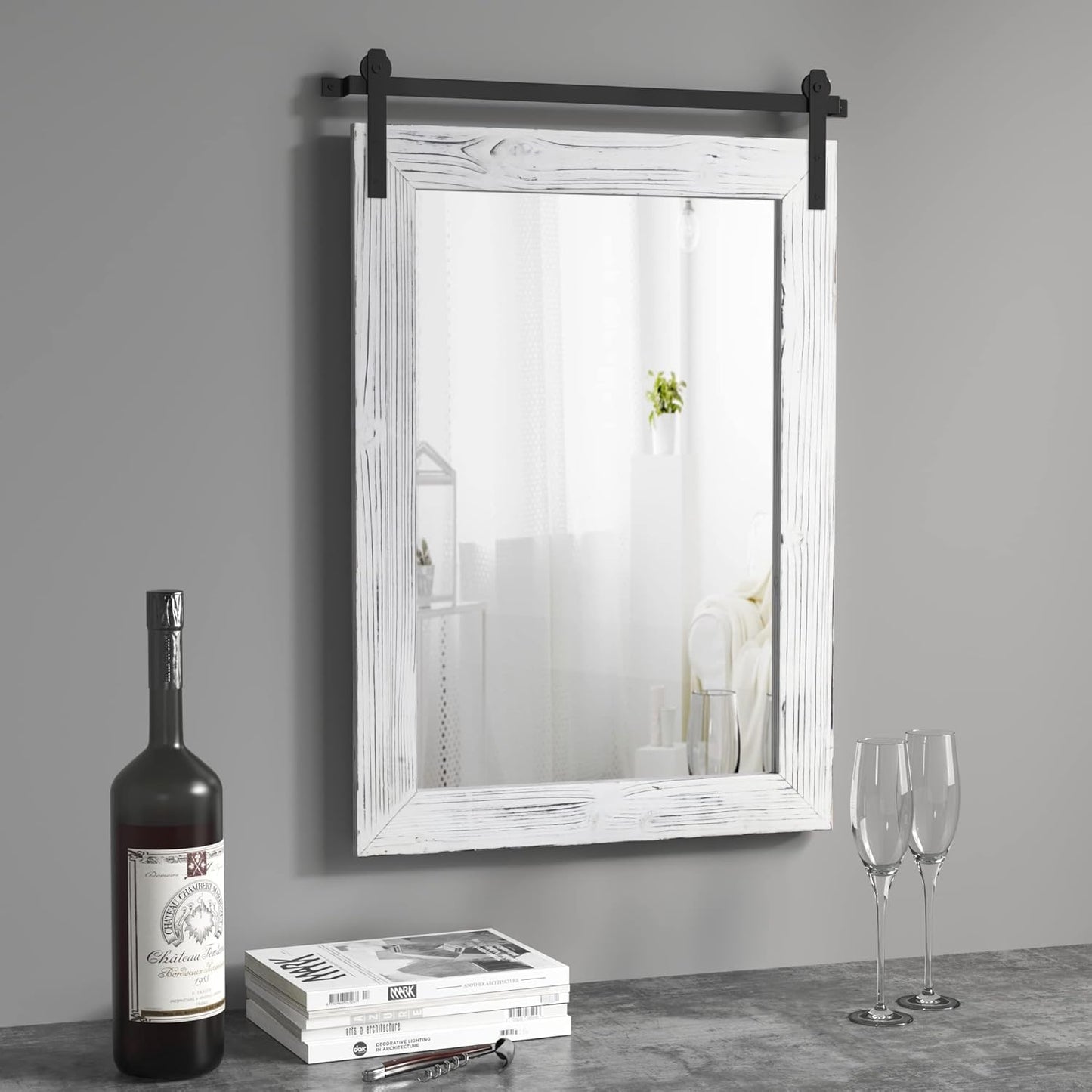 COGOOD Farmhouse Barn Door Mirror - 26" X 17" Rustic Wood Framed Wall Mirror for Bathroom, Living Room, Entryway Wall Decorative (White)