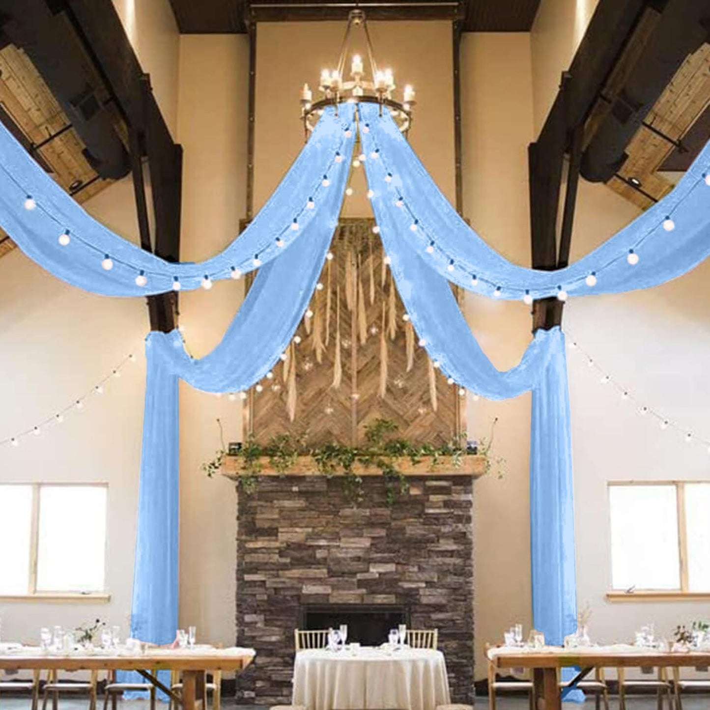 MODFUNS Light Blue Ceiling Drapes Wedding Arch Drapery 5x30ft 2 Panels Sheer Chiffon Curtain Drapes Tulle Ceiling Fabric Draping Fabric Vintage Wedding Ceremony Party Tent Ceiilng Drapes Supplies