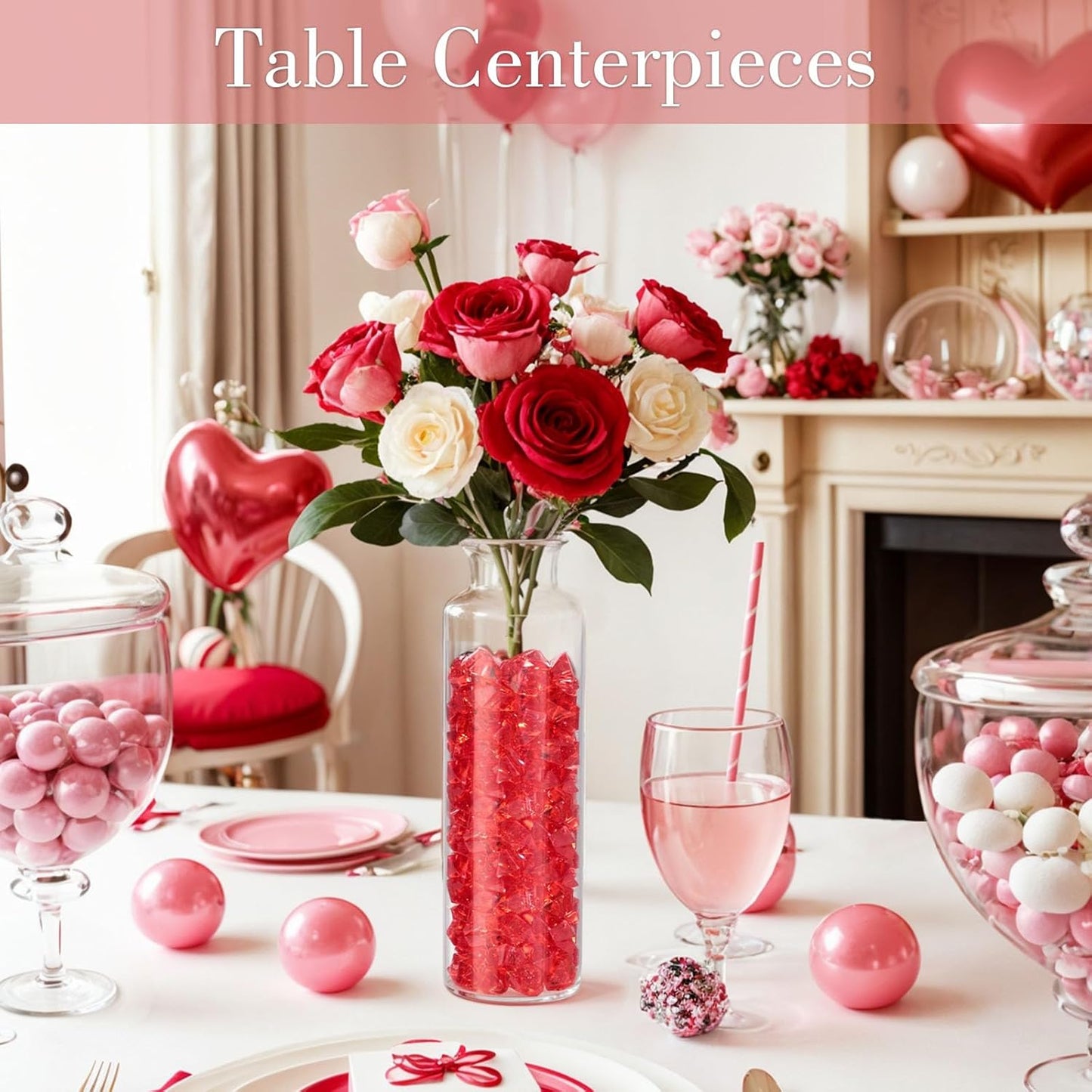 DomeStar Red Fake Ice Rocks, 150PCS Acrylic Gems Crystals Plastic Diamonds Centerpiece for Vase Fillers Wedding Party Table Scatter Decorations