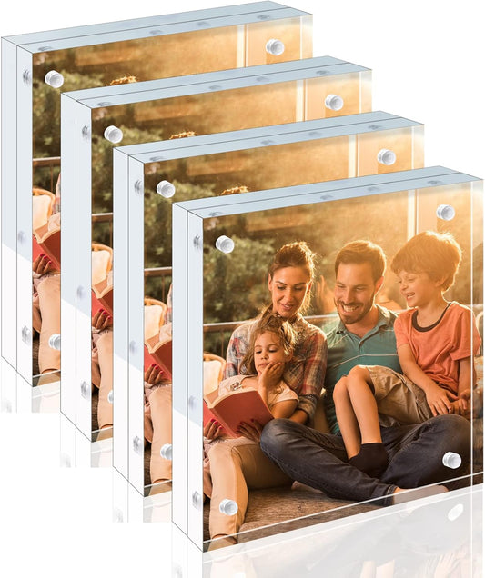 Egofine 4x4 Acrylic Frames 4 Pack, 20mm Thicker Frameless Clear Picture Frames, Double Sided Magnetic Picture Frames, Free Standing Desktop Display