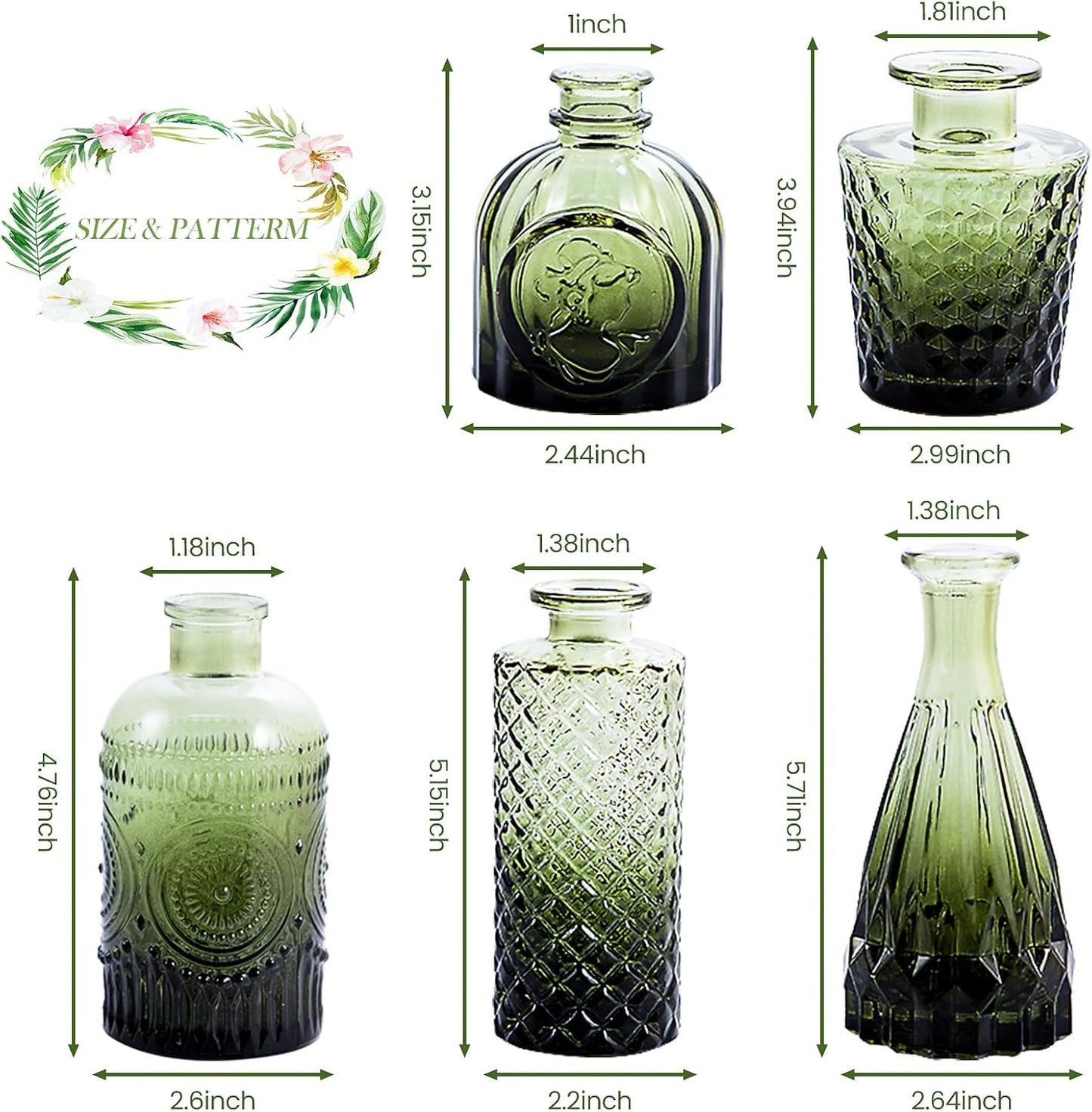 Glass Bud Vases Set of 5, Mini Flower Vase for Centerpieces, Small Clear Vases in Bulk for Wedding Decorations, Vintage Vase for Table, Recepetion, Home Décor (Green)