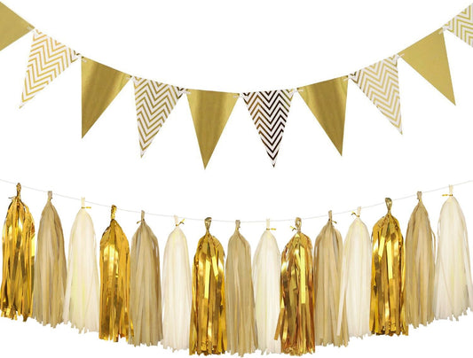 Sparkly Paper Pennant Banner Triangle Flags Bunting 8.2 Feet and Tissue Paper Tassels Garland 15 pcs for Baby Shower, Birthday Party Decorations, Metallic Gold