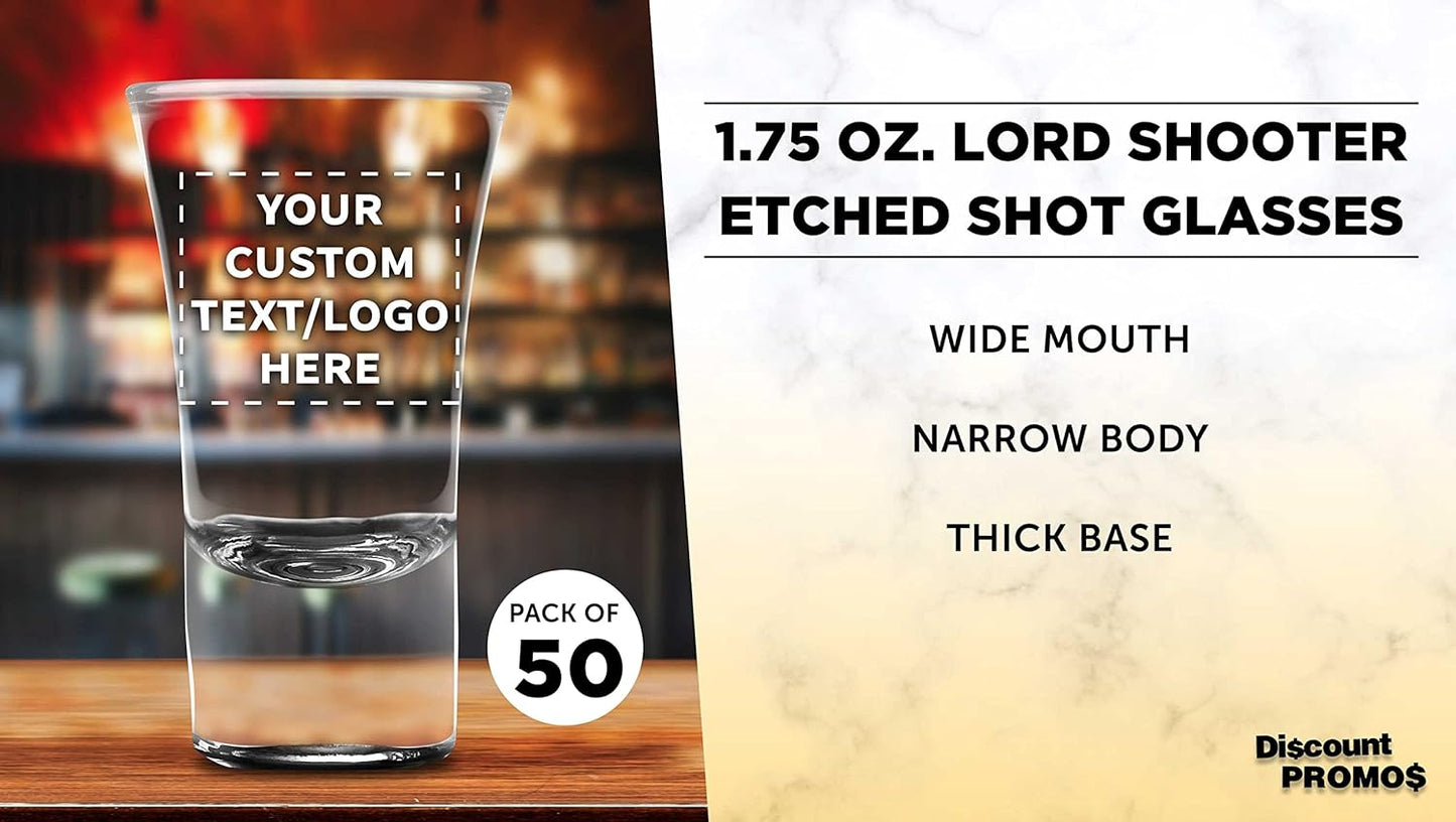 Custom 2 oz. Lord Shooter Etched Shot Glasses, 50 pack, Personalized Text, Logo, 21st Birthday Party, Lounge Glassware, Black