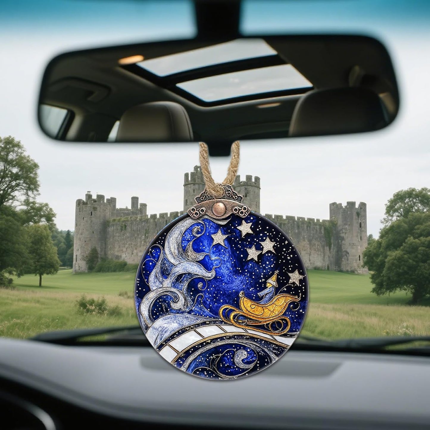 Stained Glass Christmas Decorations, Blue Sky Silver Star Suncatcher for Window Christmas Tree Hanging Ornaments Magic Carpet Sun Catcher Xmas Decor Gifts for Women Men Mom Nana Friend