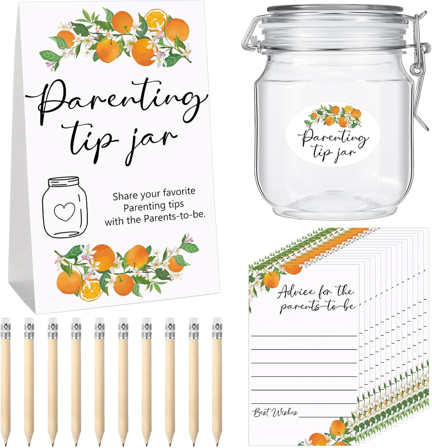 Roowest Baby Shower to Baby Advice Cards for New Parents to Be - Tip Jar Sign for New Parents 60 Parenting Advice Cards 10 HB Pencils 2 Cute Stickers 1 Pet Bottle for Guests Games(Little Cutie)