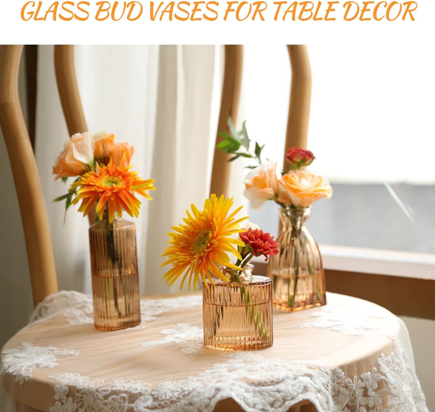 Bud Vases Set of 12, Amber Vase Small Glass Vases for Flowers Modern Ribbed Amber Glass Bud Vase for Decor Flower Vase in Bulk Vintage Decor Boho Wedding Centerpieces Rustic Home Table Decoration
