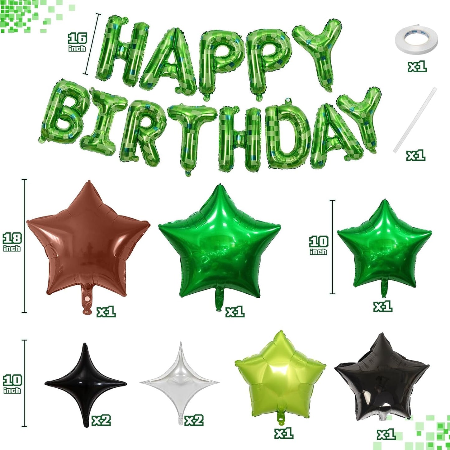 Pixel Happy Birthday Balloon Banner, 16 Inch Pixel Green Foil Letter Balloons with 9 Pcs Star Foil Balloons, 8-Bit Gaming Party Decorations for Boys Girls Themed Birthday, Retro Arcade Party Supplies