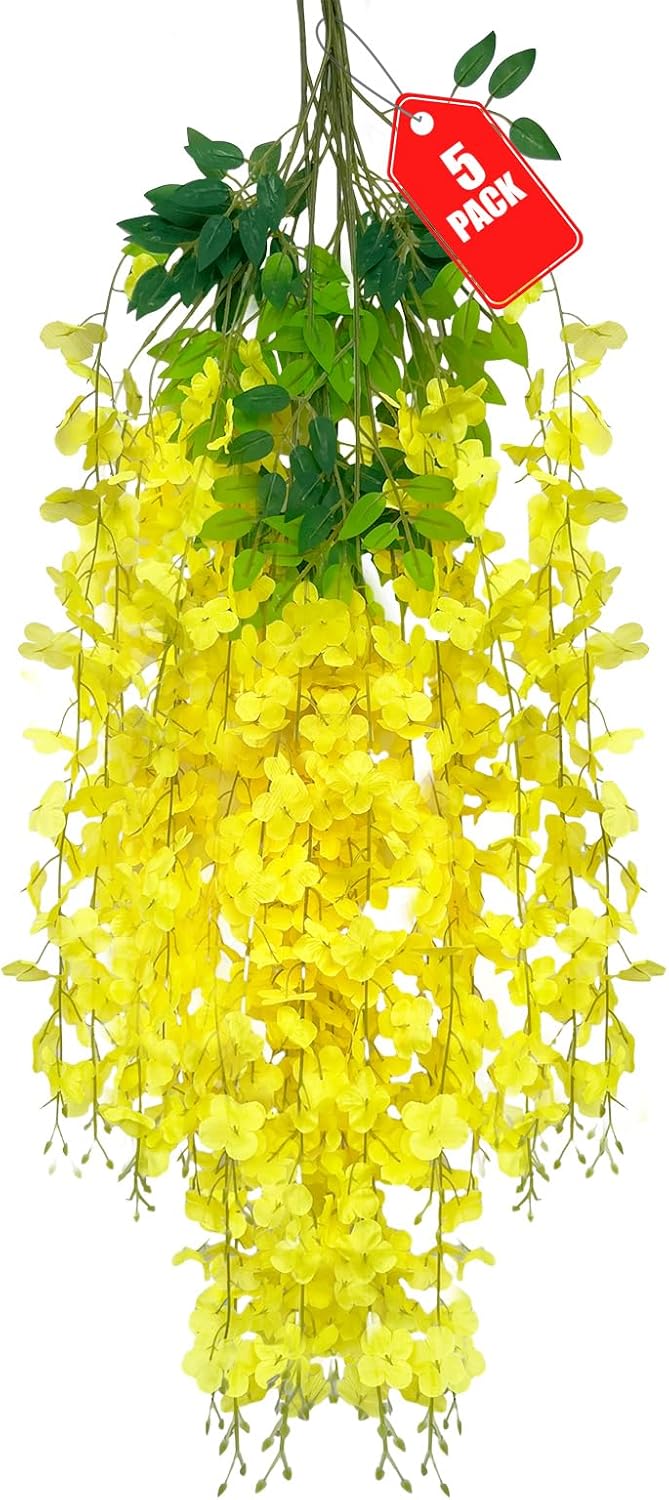 5 Pack Yellow Wisteria Hanging Flowers, 3.44 Ft Fake Hanging Flowers, Artificial Wisteria Garland Vines for Wedding Room Backdrop Outdoor Patio Garden Decoration