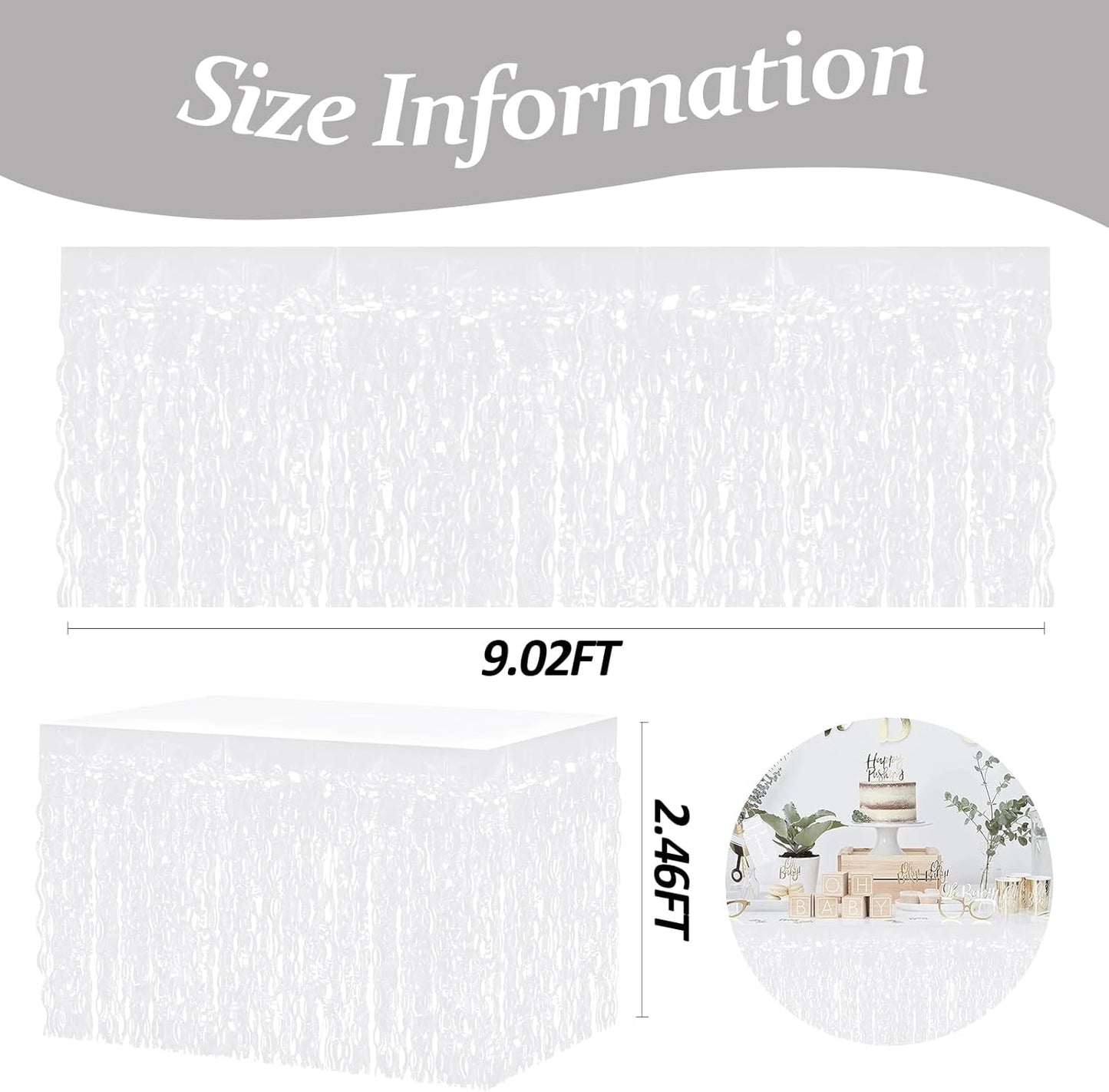 4P Wavy Metallic Tinsel Foil Fringe Table Skirts for Rectangle Tables Backdrop Garland Curtains for Parade Floats Wedding Birthday Parties Decoration Graduation 2025 Christmas (Makaron White)