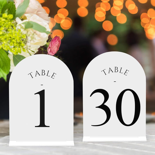 JOYIT Arch Wedding Table Numbers 1-30 with Stands – Double-Sided Printed 5" X 7" Acrylic Table Signs with White Background Black Text, Perfect Acrylic Table Numbers for Wedding Receptions, Parties, Anniversaries, and Events