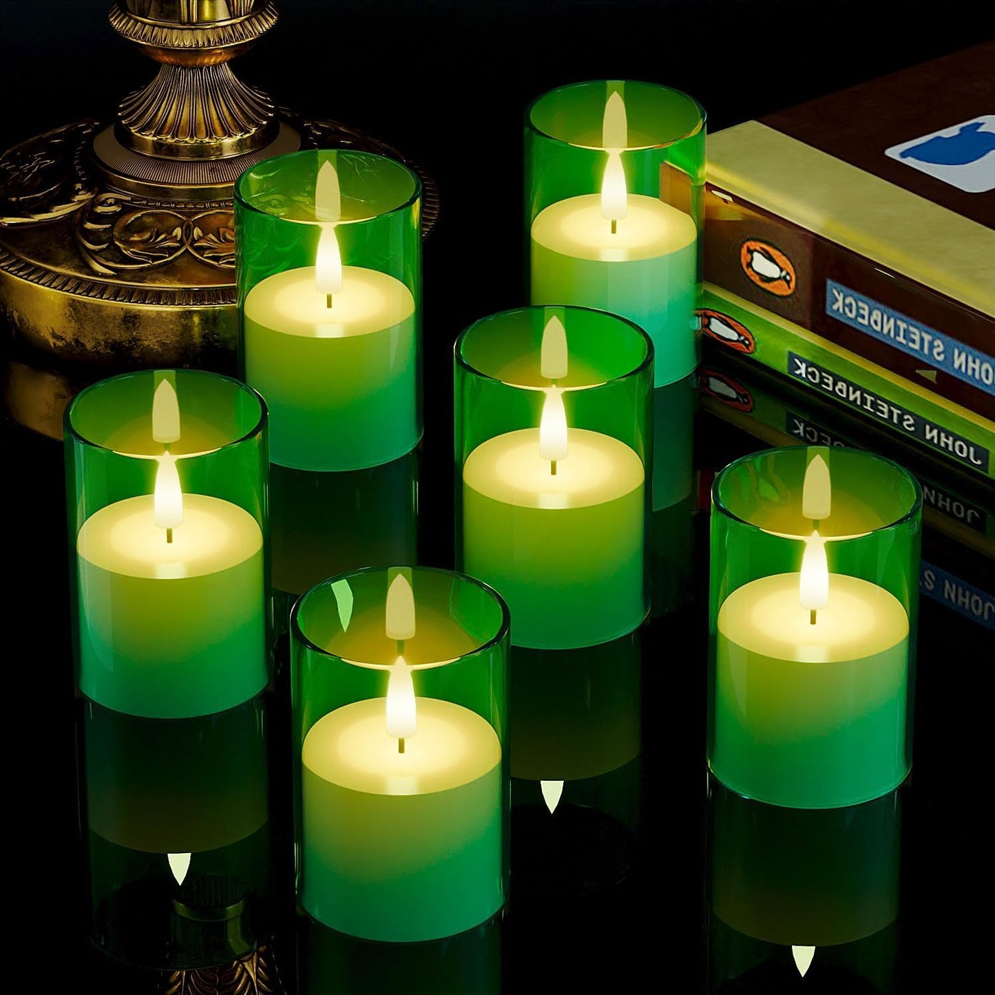 6Pack Flickering Flameless LED Candles with Timer, Battery Powered - Small Pillar & Votive, Green (2"X3")
