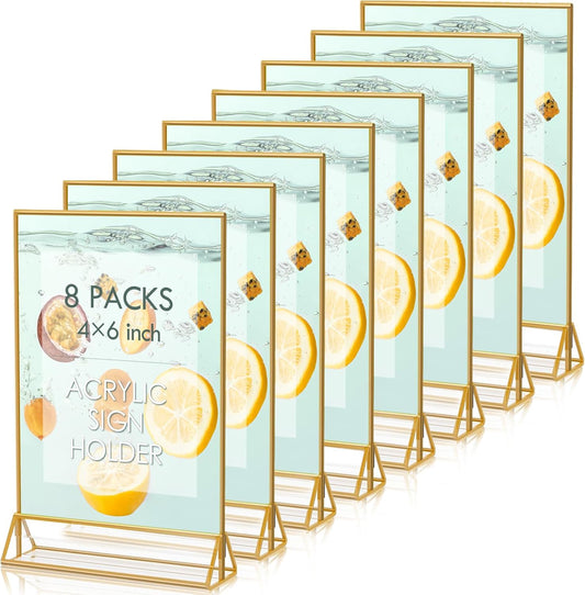 HOODO 8 Pack 4x6 Acrylic Table Number Holders with Golden Border, Double-Sided Clear Acrylic Sign Holder Gold Picture Frames Sign Holder, Vertical Stand (4"x6"-8 Pack)