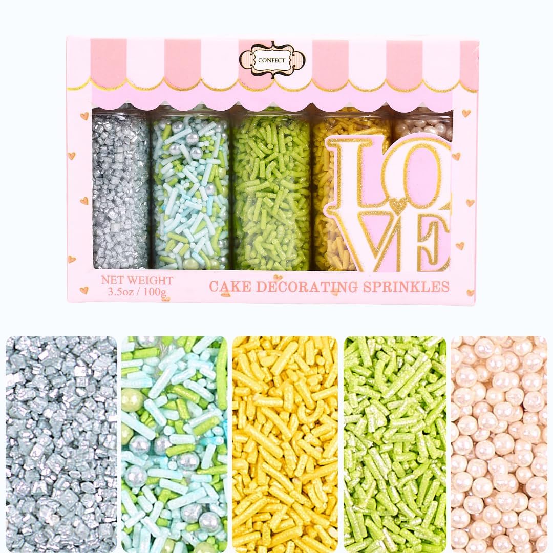 Confect Edible Sprinkles for Cakes & Cupcakes Decoration Assorted pack of 5 Summer Fun Sprinkles Mix White Dragees Green Yellow Blue Jimmies Silver Sparkling Sugar | Vegan, Gluten-Free, Nut-Free, Soy-Free, Dairy-Free, Palm Oil-Free - 5 Oz