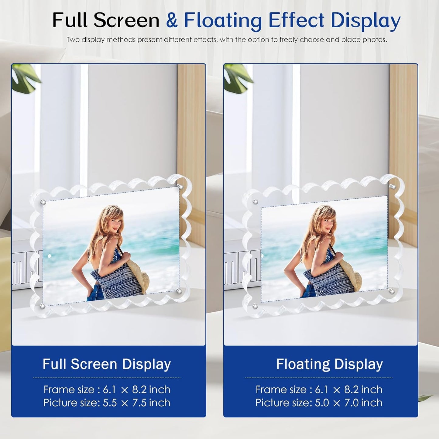 2Pack Acrylic Magnetic Photo Frame 5x7 Inch - Sleek Scalloped Design, 10+10mm Thick Crystal Clear Block, Freestanding Double-Sided Magnet |Trendy Home Gift (2 Pack, 5X7)