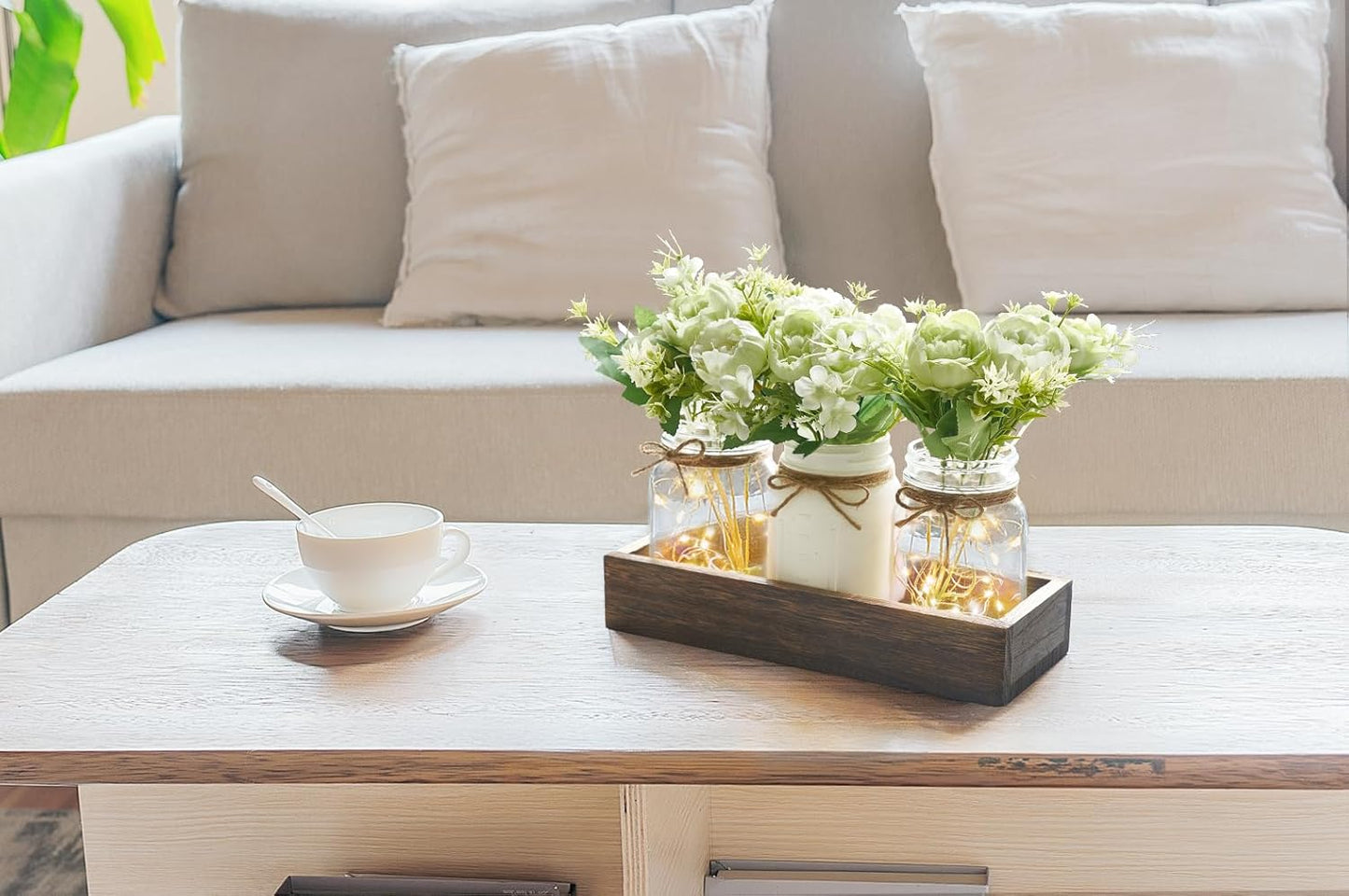 Mkono Mason Jar Lights Centerpiece Table Decorations for Dining Room Farmhouse Coffee Table Decor Wood Tray with 3 Jars Flowers for Kitchen Living Dining Room (Light Green)