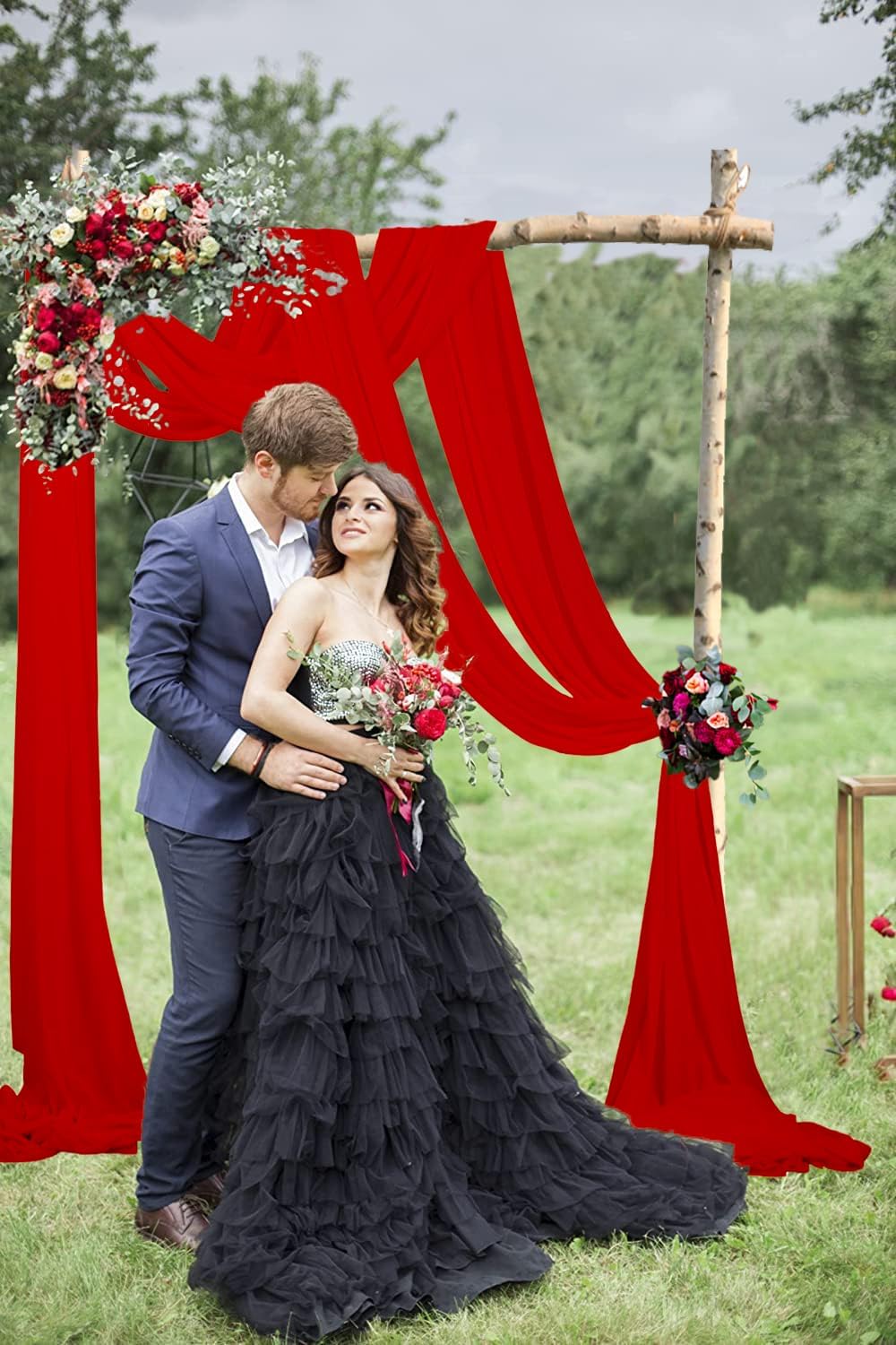 2 Panles Red Chiffon Ceiling Drapes 20Ft Wedding Arch Draping Fabric Red Sheer Chiffon Fabric Drapery Outdoor Arbor Party Ceremony Stage Wedding Decoration