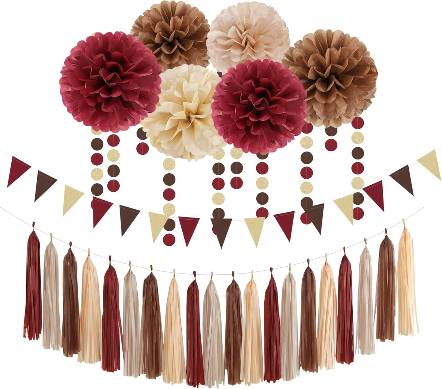 Boho Baby-Shower Burgundy-Brown Champagne Party-Decorations - 28pcs Neutral Birthday Rustic Wedding Bridal Tissue Pom Poms Streamers, Fall Autumn Tassel Garland Banner, Engagement Decor Ouruola