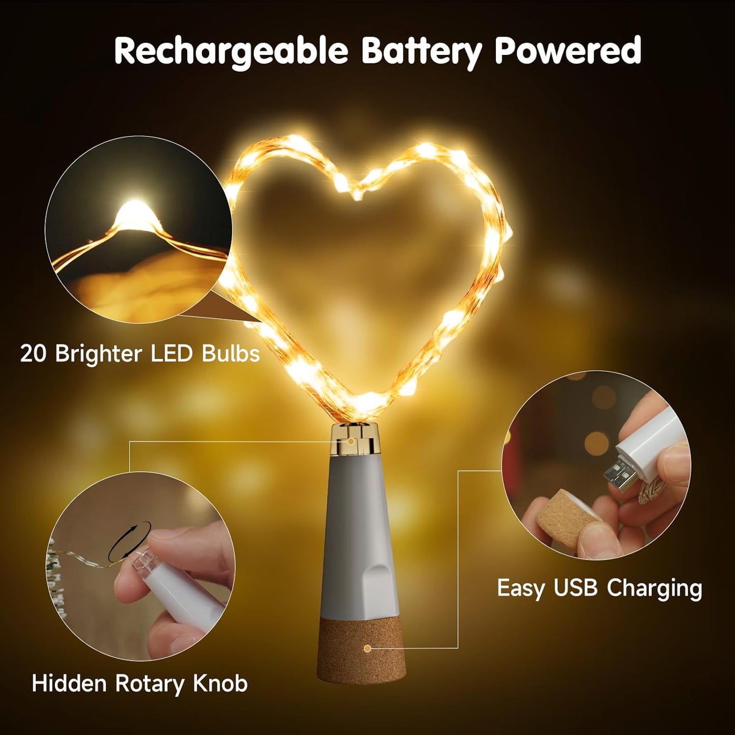 USB Bottle Lights Rechargeable Wine Bottle Fairy Lights Cork LED String Lights 20 LEDs Copper Wire for Table Party DIY Decor