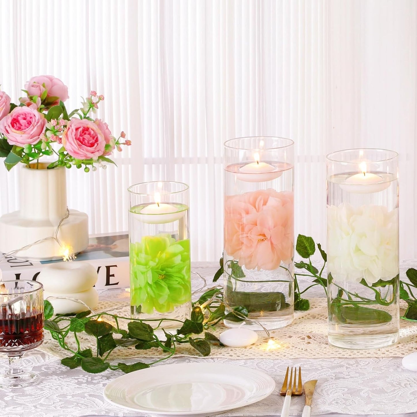 24 Pcs Floating Candles for Centerpieces and Floating Flowers for Centerpieces Pink Artificial Flowers Vase Fillers for Wedding Table Party Home Decoration