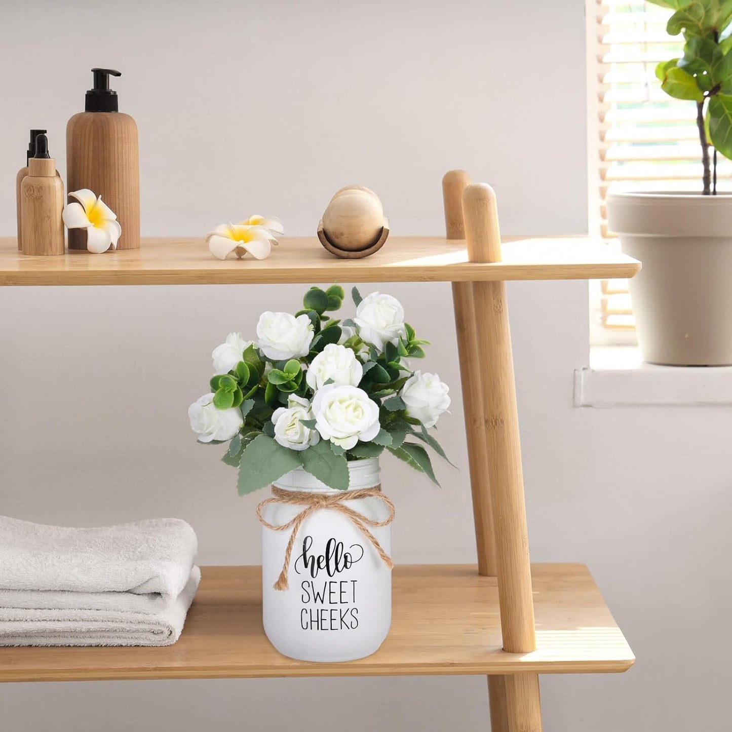 XunYee Farmhouse Bathroom Decor Hello Sweet Cheeks Sign Mason Jar with Flowers 16.9 oz White Mason Jar Centerpiece Table Rustic Decor for Restroom Bathroom Shelf Bridal Shower Kitchen