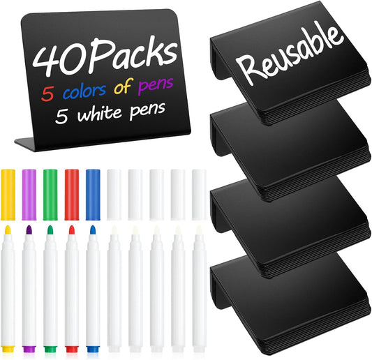 40 Pack 4"x3" Mini Chalkboard Signs for Food, Reusable and Reserved Small L-Shaped Food Labels for Party Buffet, Easy to Write and Wipe Out, Message Board Signs, Weddings, Birthday, Bakery