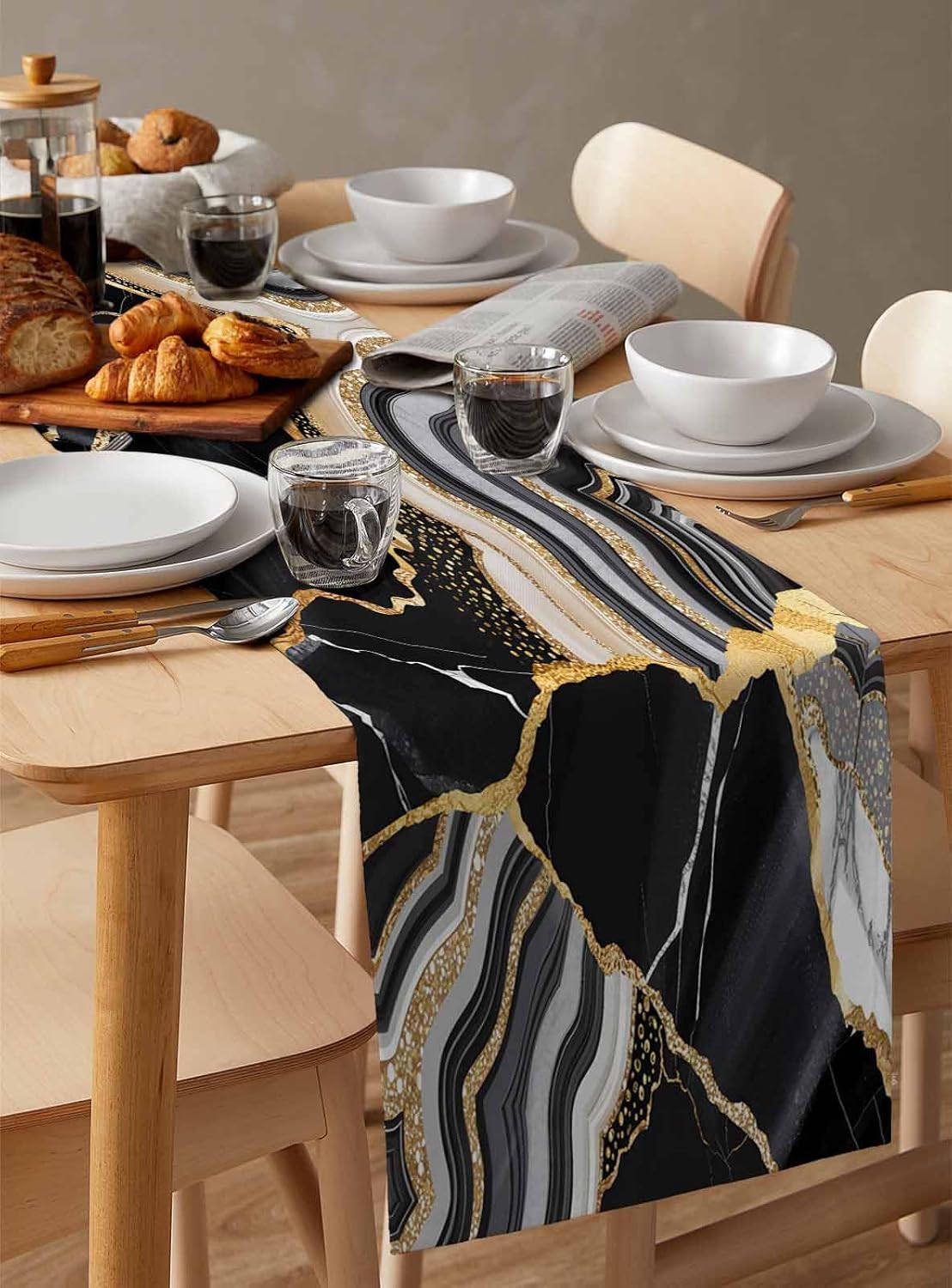 Geometric Black Marble Cotton Linen Table Runner for Dining Kitchen, Wedding Outdoor Party Tablerunners Decoration, Farm Marble Liquid Ripple Abstract Dresser Scarf Coffee Tablecloth Runners 13''x90''