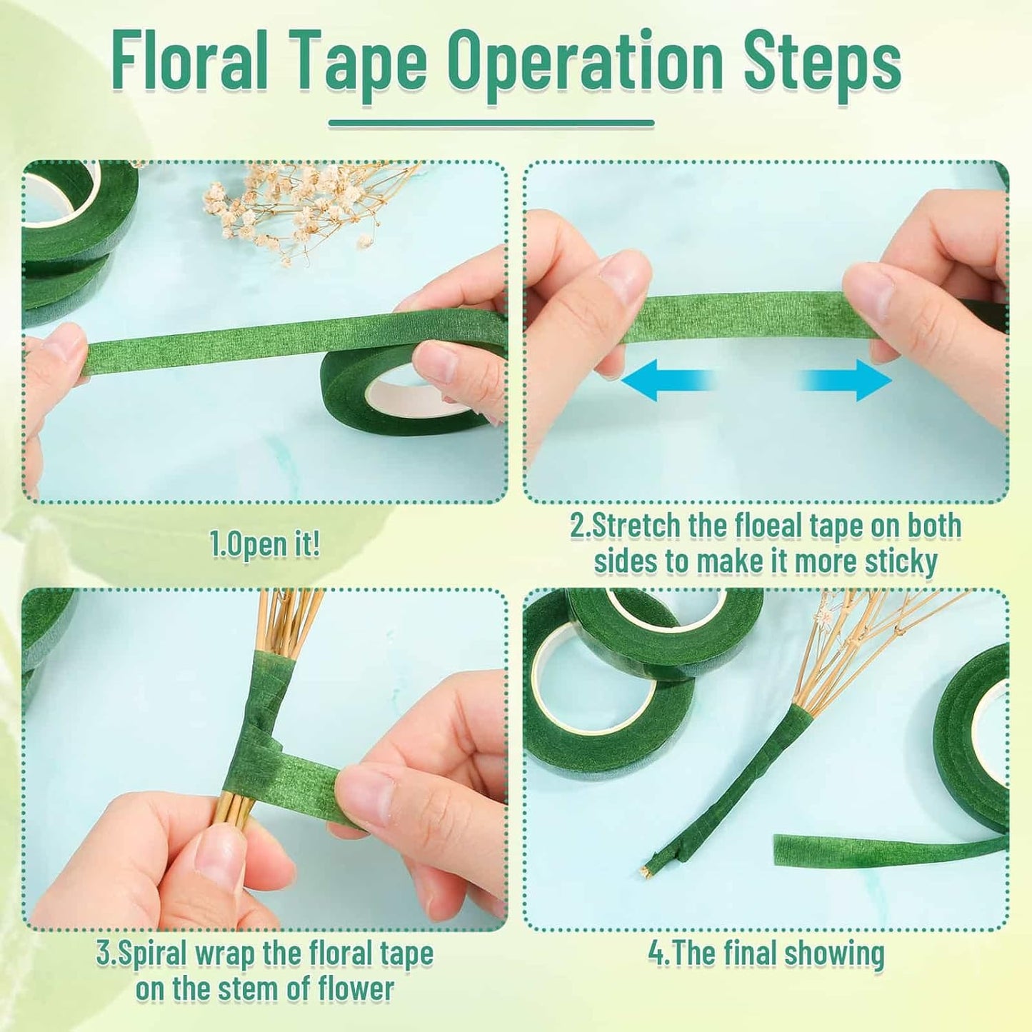 PAXCOO Floral Tape and Wire, Florist Tape and Flower Wire Arrangement Kit with White Ribbon, Boutonniere Pin, Wire Cutter for Bouquets, Crafts, Wreath Making (Dark Green)