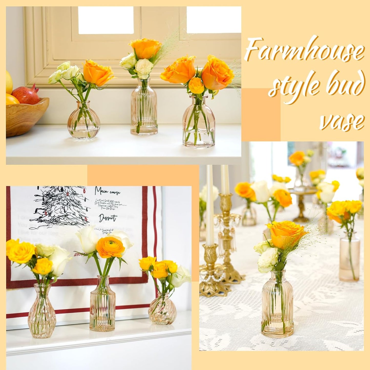 Champagne Bud Vases in Bulk 24 Packs Amber Glass Vase for Decor Centerpieces, Small Ribbed Vases for Flowers Stripe Modern Bud Vases Vintage Vases for Floral Wedding Party Table Decoration Home Decor