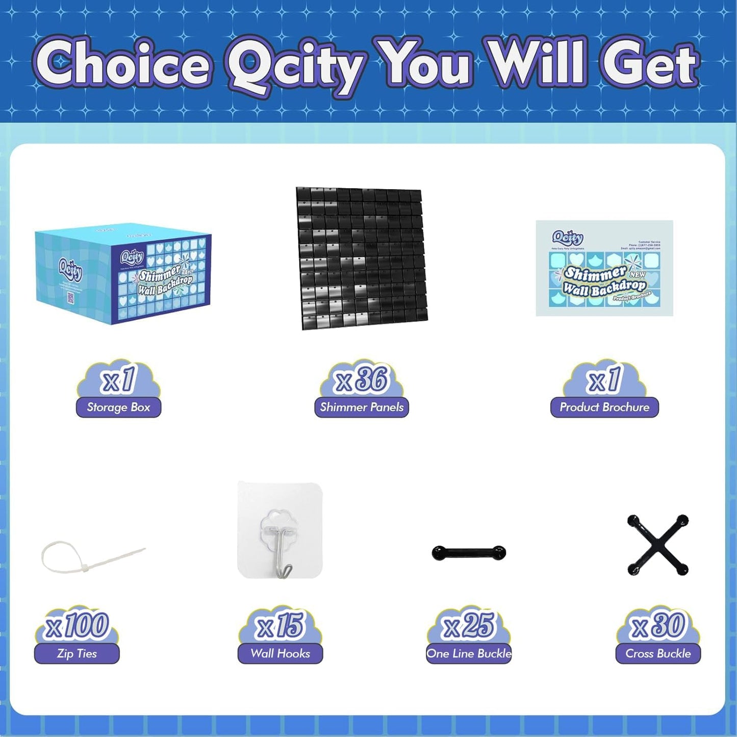 Qcity Black Shimmer Wall Backdrop 36PCS, Black Back Not See-Through Design, Square Sequin Glitter Backdrop Panel, Perfect for Outdoor Events, Birthdays, Wedding and Party Decoration