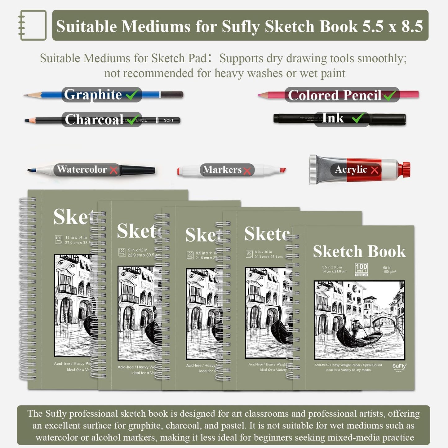 Sketch Book 5.5 X 8.5 inch, Artist Sketch Pad (Pack of 3), 300 Sheets (68lb/100gsm) Spiral Bound Sketchbook, 100 Sheets Each, Acid Free Drawing Paper, Suitable for Adults & Teens