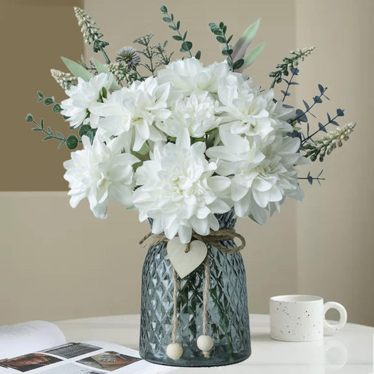 Fake Flowers in Vase,8 Dahlias,Silk Artificial Flowers in Vase,Centerpiece Table Decorations,Coffee Table Decor,Faux Flowers in Vase with a Flower Arrangement Holder