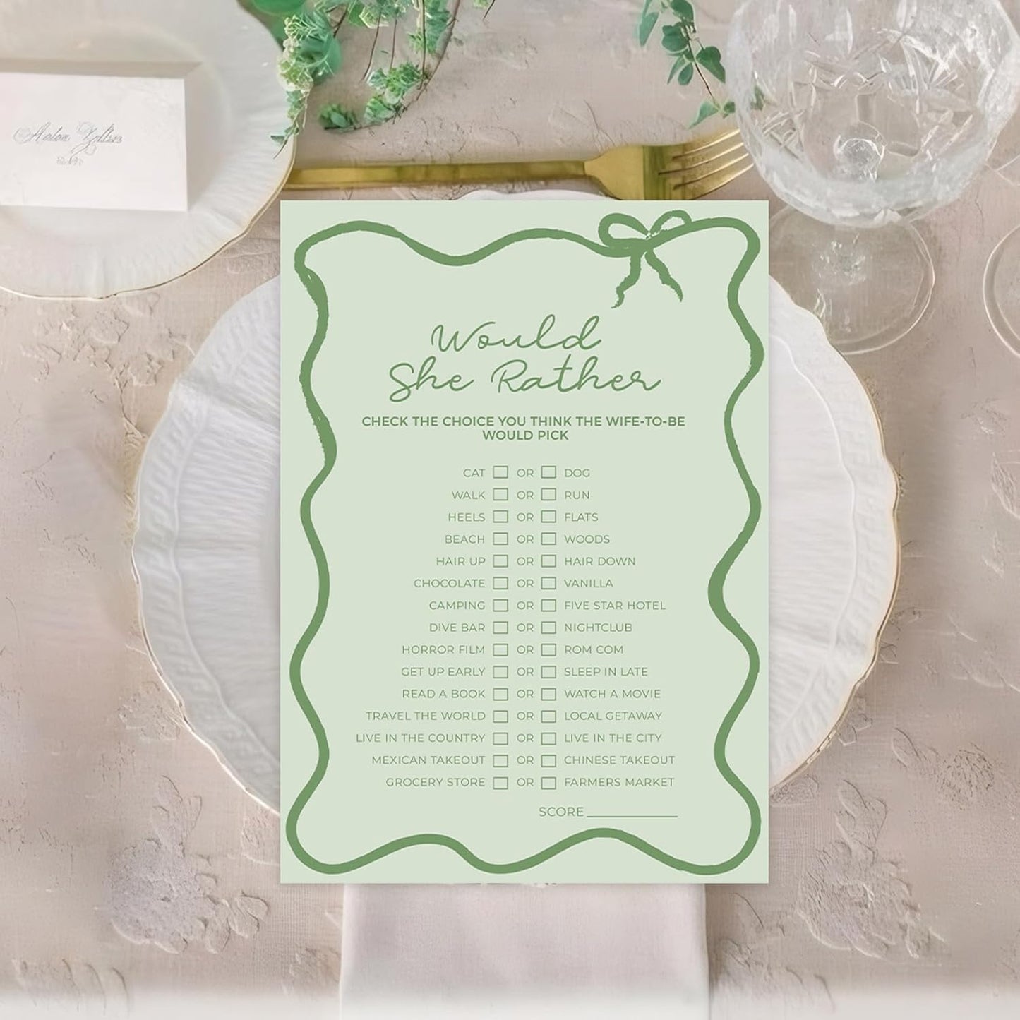 DEEKA 30 PCS Bridal Shower Games Card for 30 Guests Sage Green Wavy Border Ribbon Bow Funny Wedding Bachelorette Party Games for Reception (Would She Rather)