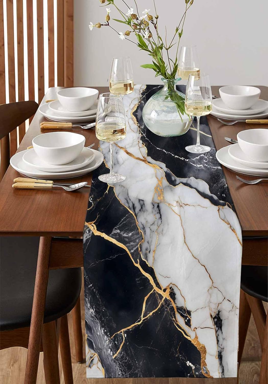 Black White Marble Cotton Linen Table Runner for Dining Kitchen, Wedding Outdoor Party Tablerunners Decoration, Nature Marble Crack Modern Art Dresser Scarf Coffee Tablecloth Runners 13x36 Inches