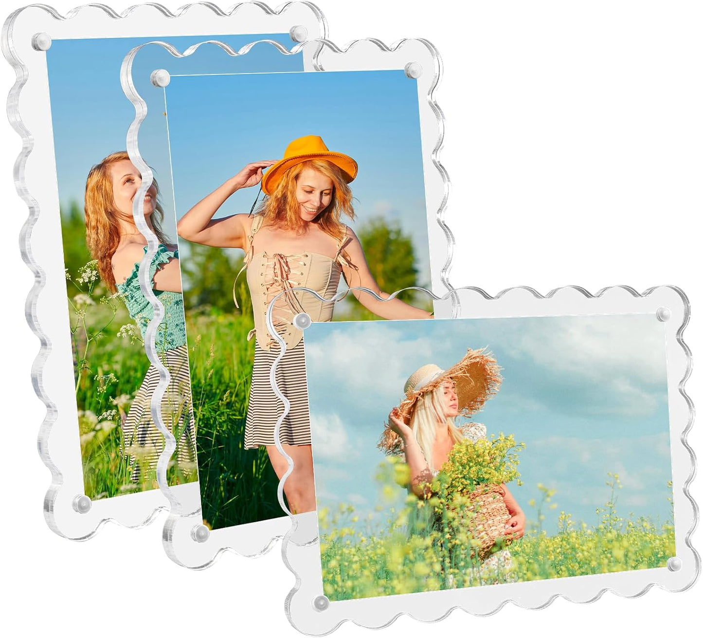 Acrylic Picture Frames 3 Pack 5x7 Scalloped with Detachable Brackets, Vertical and Horizontal Tabletop Display, Clear Magnetic Photo Frames for Home/Party/Wedding