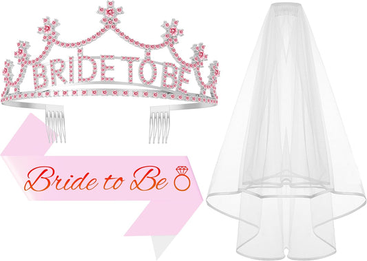 3Pcs Bride to Be Crown with Sash and Veil for Bachelorette Party Decorations，Bridal Shower Accessories for Gift, Favors