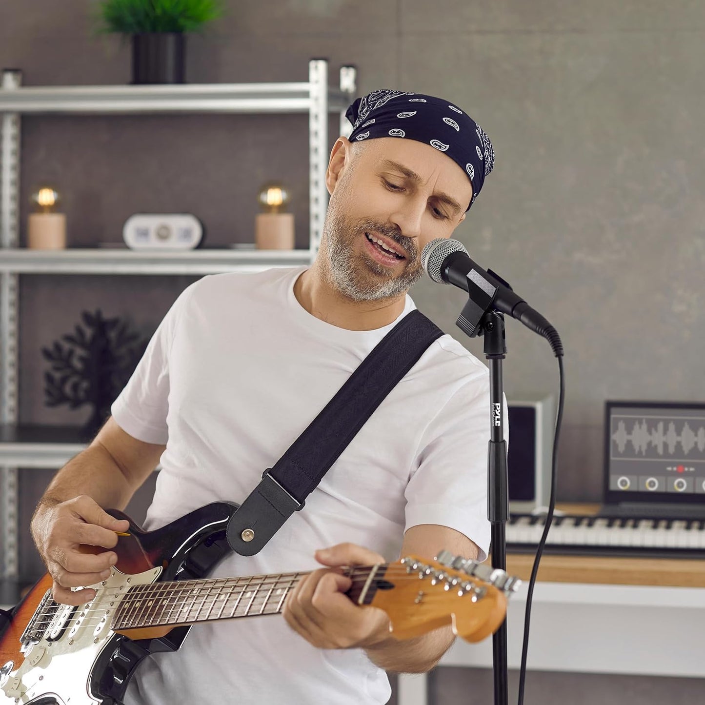 Pyle Universal Microphone Stand - Handheld Mic Compatible, Heavy Compact Base, Lightweight & Compact Design, 2.8 to 5 Ft Height Adjustable Clamp, Pivot Angle Clip, Home/Studio Use (Pair)