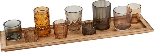 Wood Tray with 9 Brown Glass Votive Holders (Set of 10 Pieces)