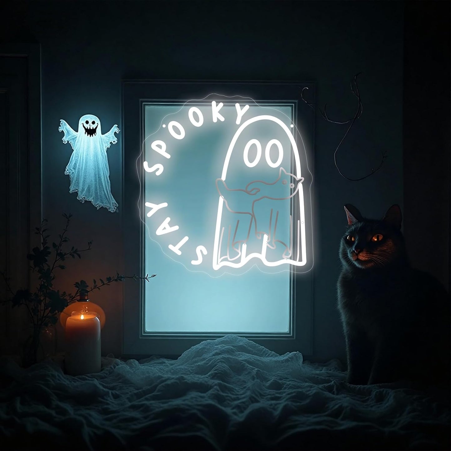 Ghost holding a cat Stay Spooky Neon Sign, Funny Halloween Party Wall Decor, Spooky Season Room Sign for Boo Wall Decor Neon Light for Bar Man Cave Home Yard Decoration Funny Spooky Vibes-White