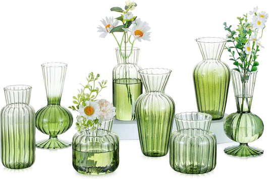 Hewory Small Ribbed Glass Bud Vases Set of 8 Green Flower Vase Centerpieces - Modern Minimalist Cute Mini Decorative Bulk Vases for Wedding Bridal Shower Birthday Party Events Dining Room Table Decor