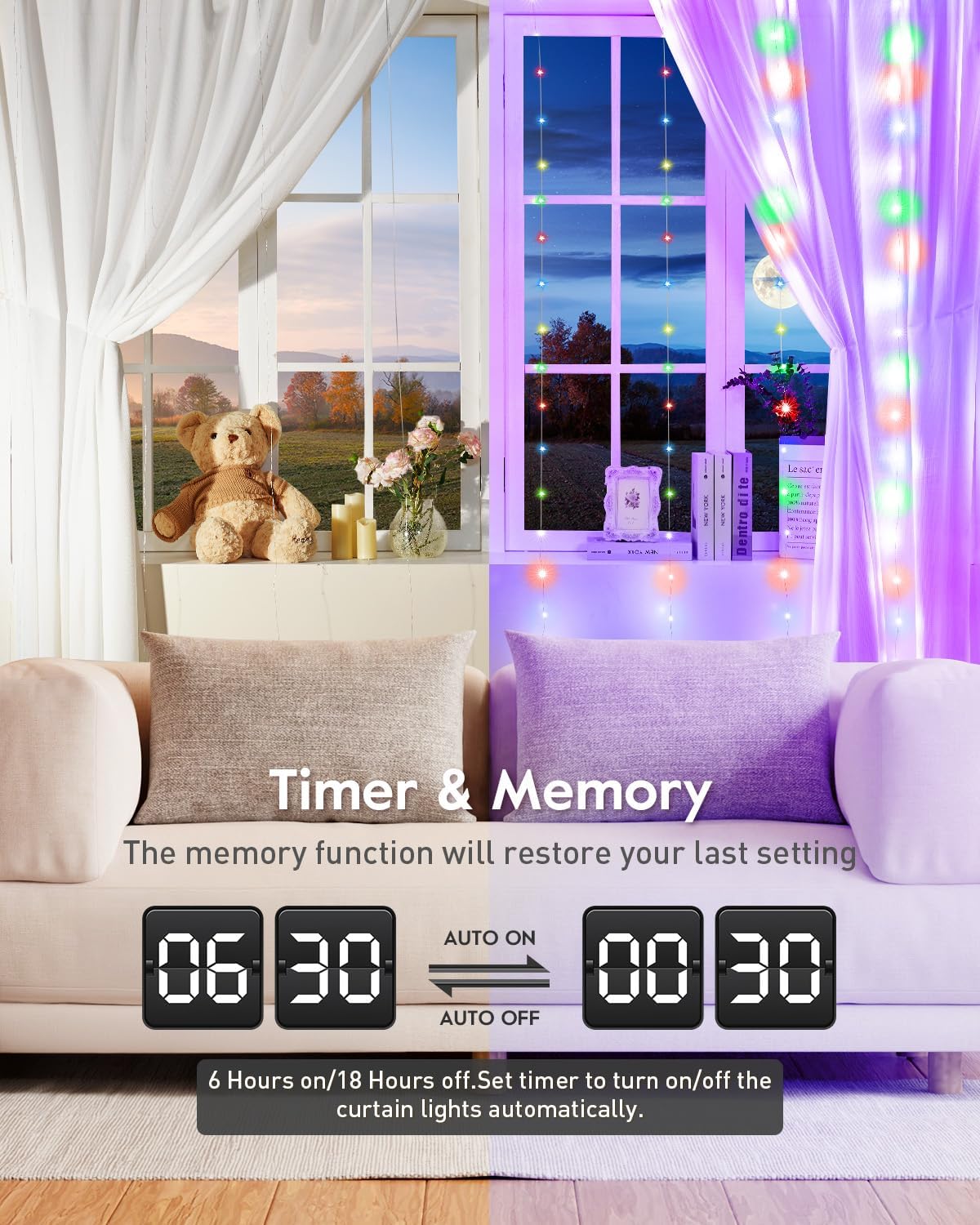 Brightown Smart Curtain String Lights - 9.8ft 300 LED Fairy Lights with APP Remote, 8 Modes, USB Powered Waterproof Christmas Hanging Lights for Bedroom Wedding Party, Multicolor