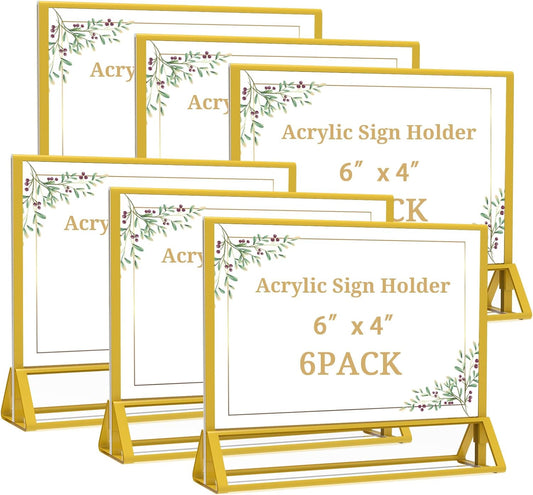 Clear Acrylic Sign Holder 6x 4 Horizontal Double Sided Gold Frame Display Stand Table Flyer Holder for Wedding Table Number Menu Holder (6pcs)