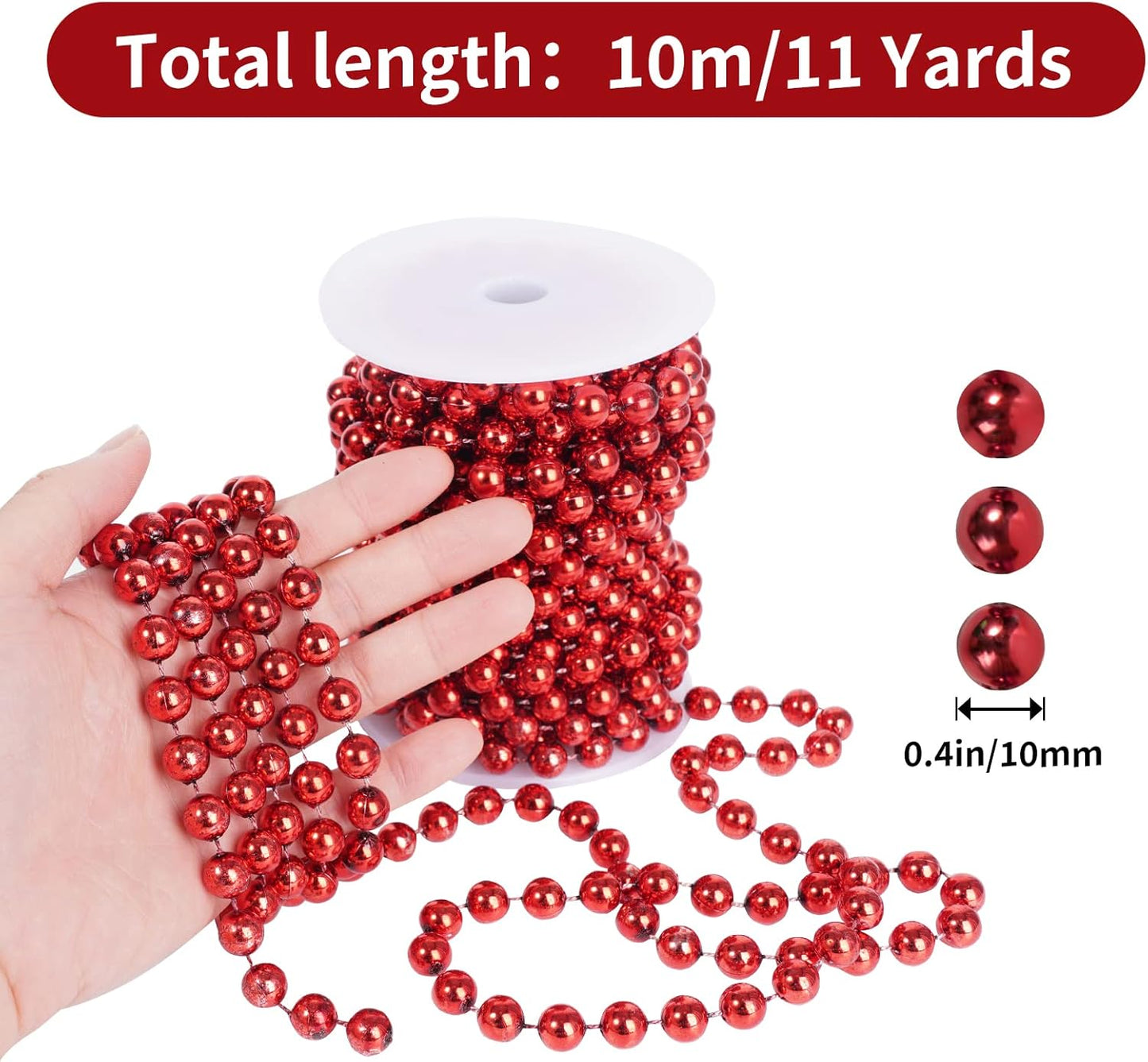 Faux Red Pearl Beads Garland - 10mm Christmas Tree Beads, 11 Yards Red Pearl Strands Spool for Wedding Party & Christmas Tree Decoration