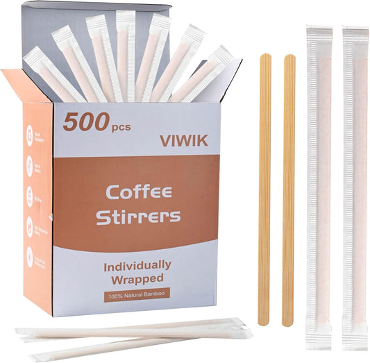 VIWIK 500 Pack Coffee Stirrers 5.5 Inch Coffee Bar Accessories - Individually Wrapped Wood Bamboo Coffee Stir Sticks, Disposable Bamboo Stir Sticks