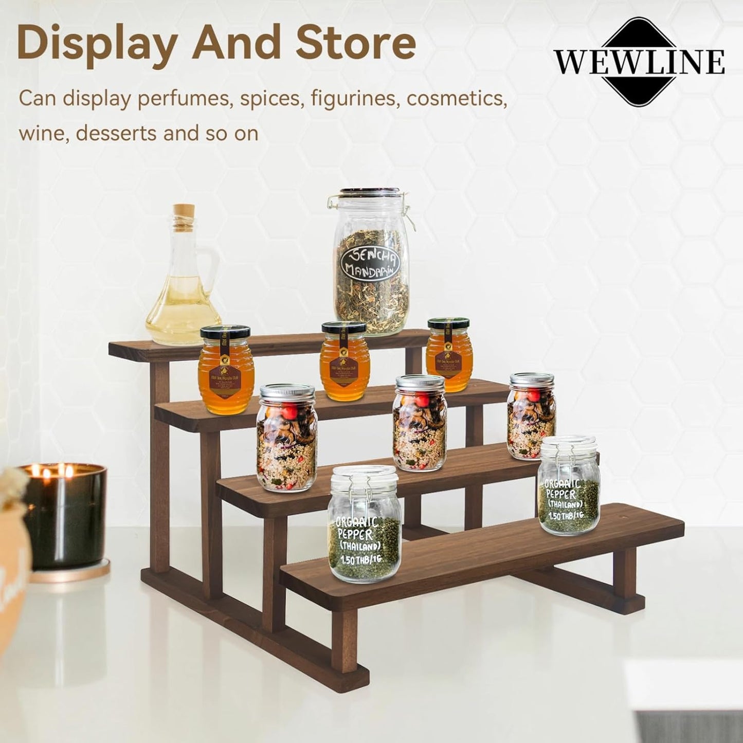 4 Tier Wooden Display Riser Stand, Cupcake Display Shelf Tabletop Spice Rack for Party, Kitchen, Perfume, Fragrance, Vendors event
