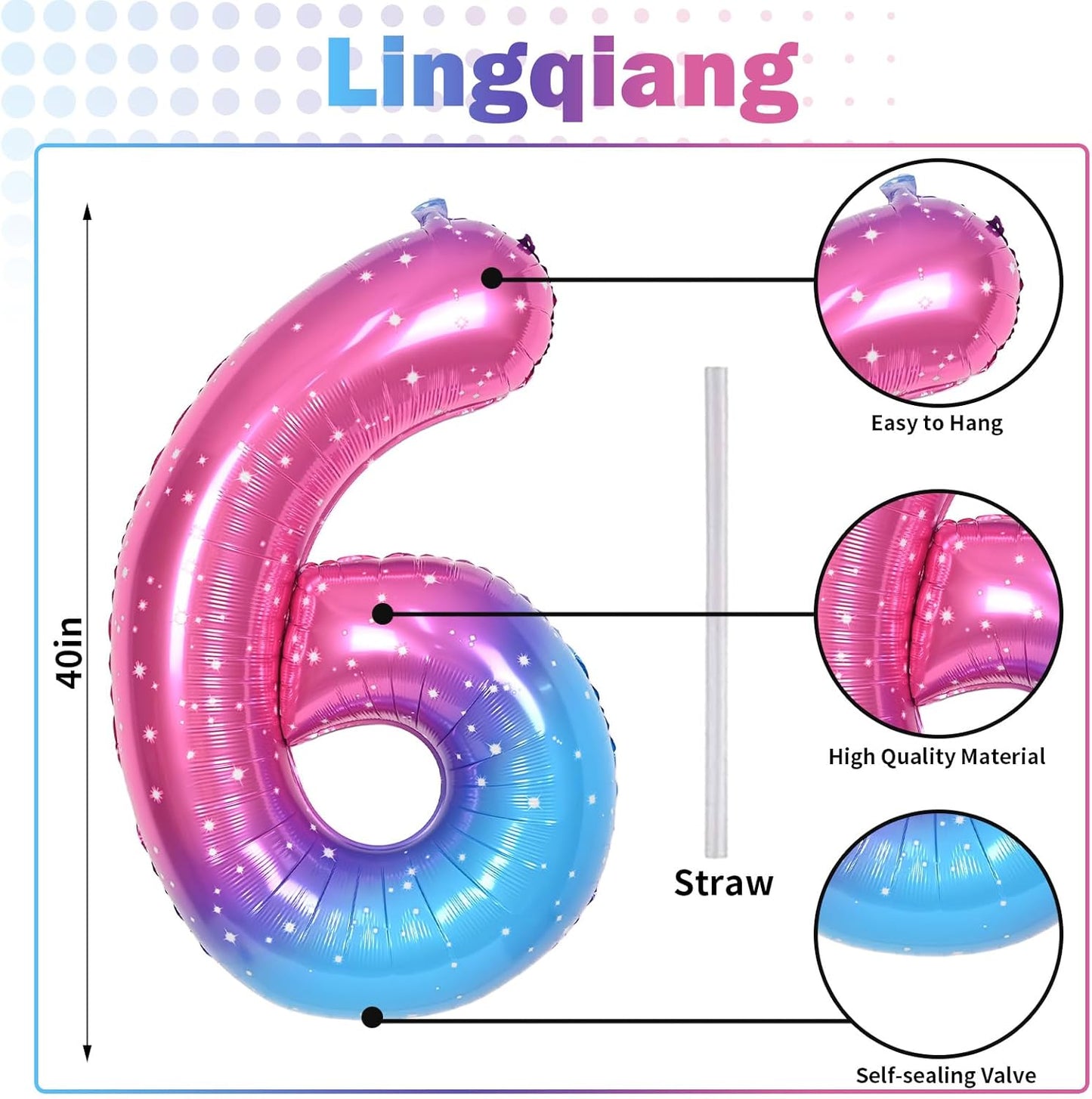 Gradient Blue Pink Number Balloons, 40" Large Rainbow Number 6 Foil Mylar Helium Balloons for Girls Women, Colorful Starry Self Inflating Number Balloons 0-9 for Birthday Party Celebration Decoration