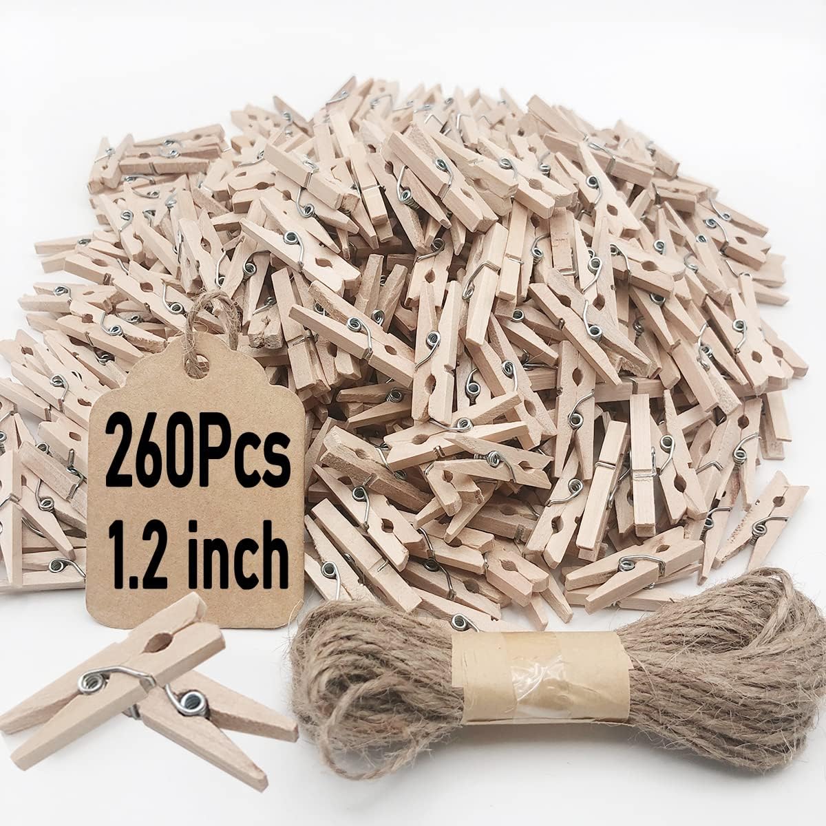 Mini Clothes Pins, 260 PCS Small Wooden Clothes Pin with Jute Twine, Clothespins, Clothes Pins for Photos Crafts DIY Project
