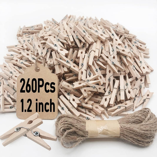 Mini Clothes Pins, 260 PCS Small Wooden Clothes Pin with Jute Twine, Clothespins, Clothes Pins for Photos Crafts DIY Project