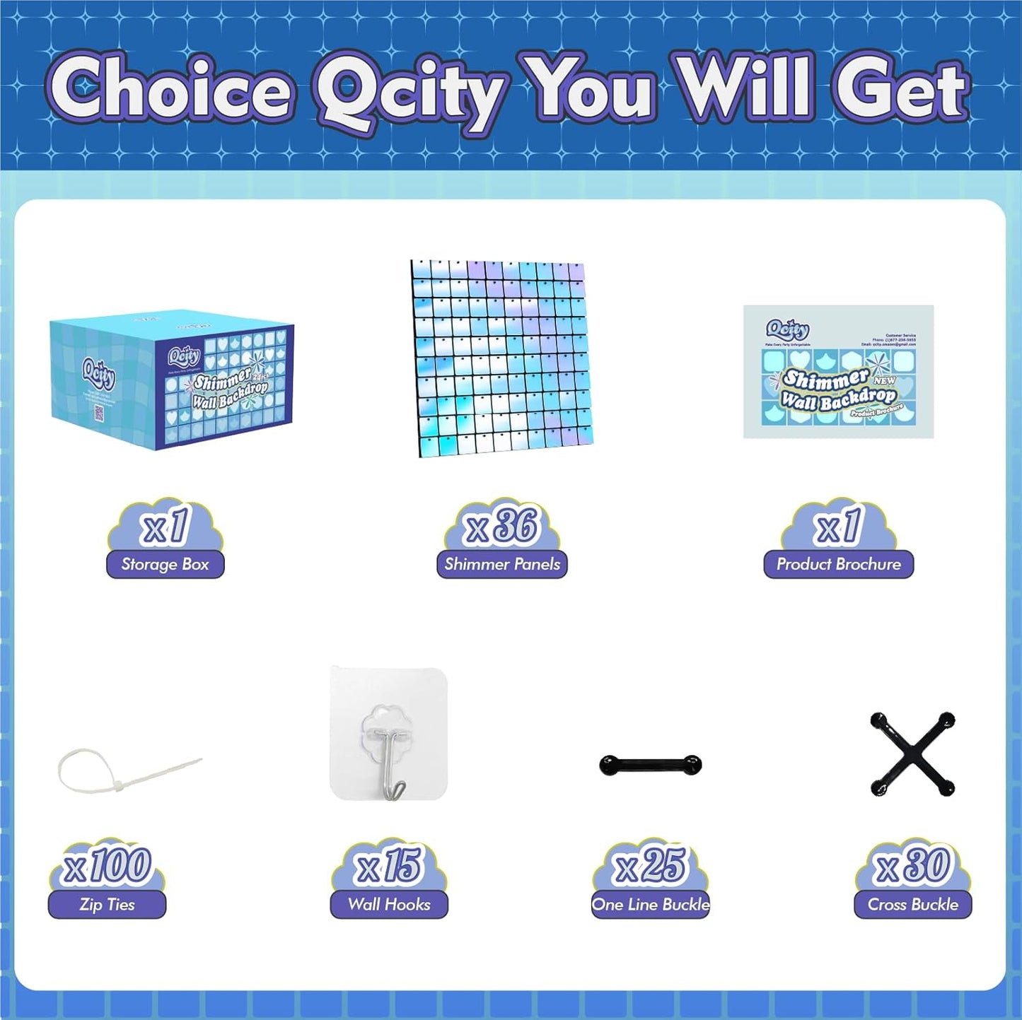 Qcity Rainbow Blue Shimmer Wall Backdrop 36PCS, Black Back Not See-Through Design, Square Sequin Glitter Backdrop Panel, Perfect for Outdoor Events, Birthdays, Wedding and Party Decoration