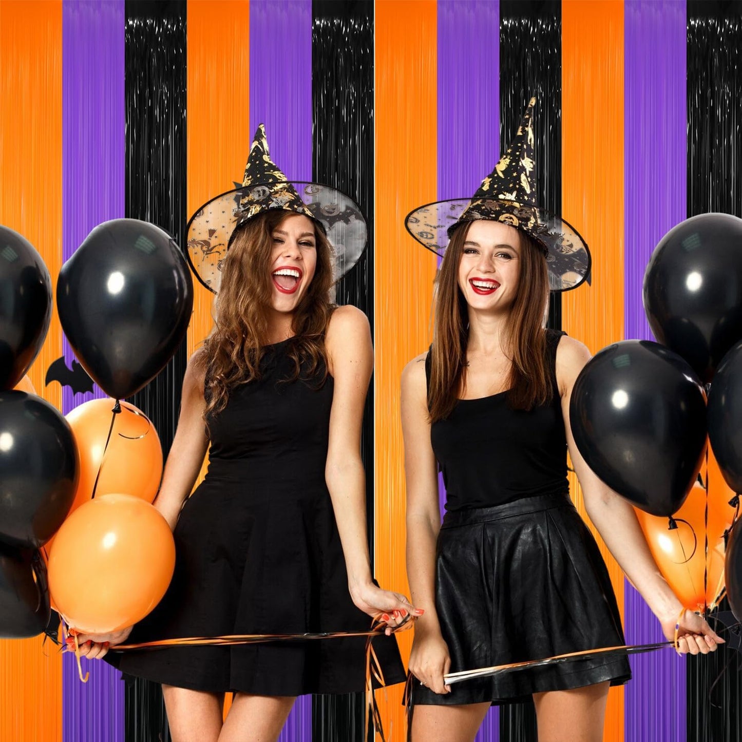 GOER 3.2 ft x 8.2 ft Metallic Tinsel Foil Fringe Party Backdrop for Halloween Birthday Graduation New Year's Party Decorations(5 Packs,Black&Orange&Purple)